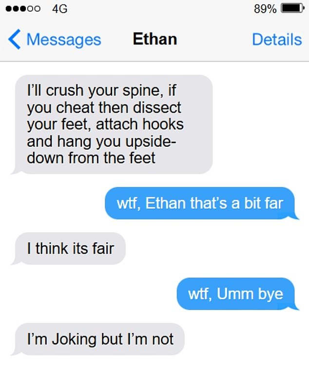 In March last year Ungerboeck sent his girlfriend a message that read: 'I'll crush your spine, if you cheat then dissect your feet, attach hooks and hang you upside-down from the feet'