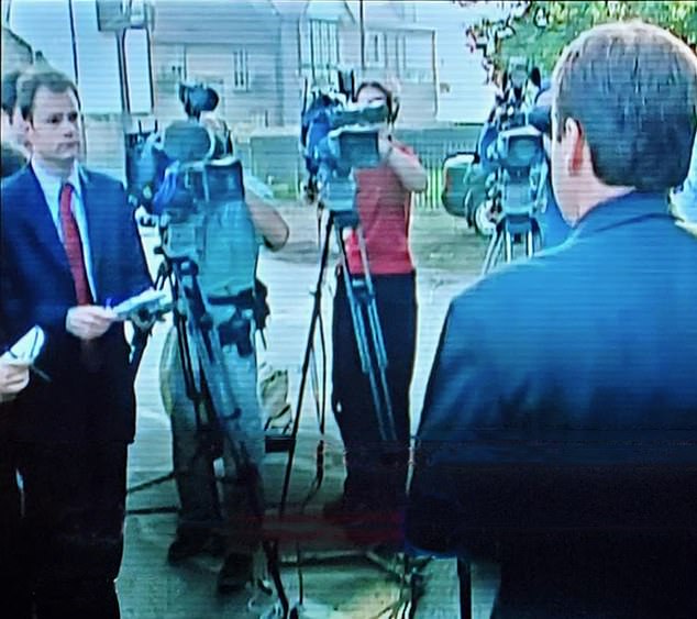 Left: Reporter Sam Greenhill seen in a TV documentary speaking to detectives in Soham in 2002
