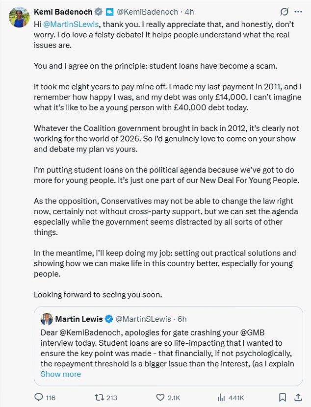 Mrs Badenoch accepted Mr Lewis's apology, while adding to her post on X: 'I do love a feisty debate!'