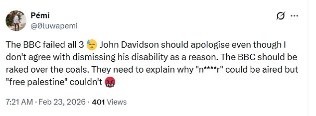 Viewers reacted furiously after the BBC edited out 'Free Palestine' but kept in the N-word slur