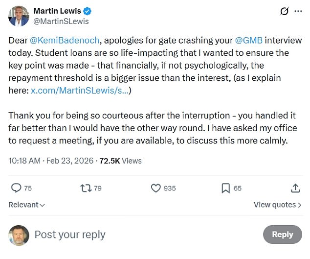 Mr Lewis apologised for gatecrashing her appearance, adding: 'Thank you for being so courteous after the interruption - you handled it far better than I would have the other way round'