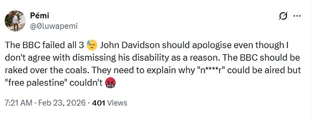 Viewers reacted furiously after the BBC edited out 'Free Palestine' but kept in the N-word slur