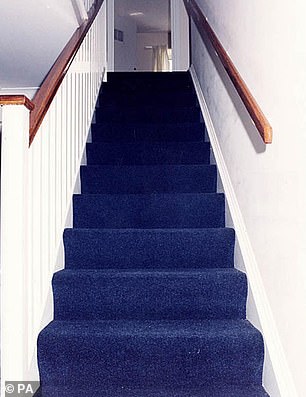 The blue-carpeted stairs where police found blood