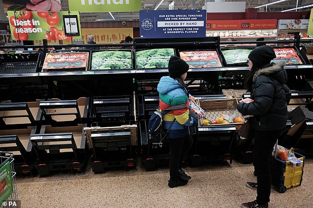 Empty fruit and vegetable shelves at a UK supermarket during a previous shortage in 2023