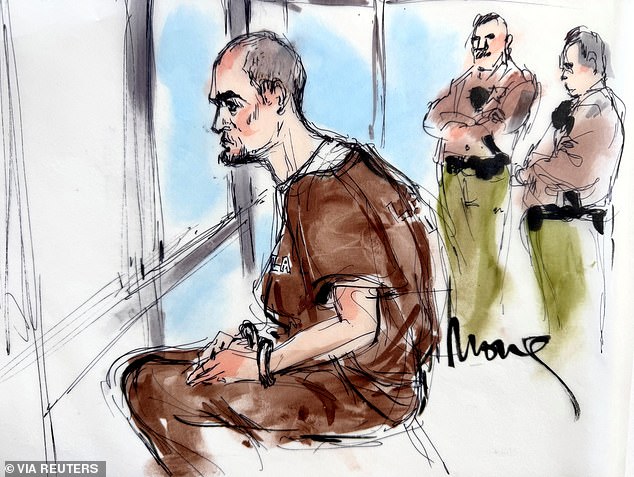 A courtroom sketch shows a stoic Nick Reiner in brown jail garb during a January 7 court appearance
