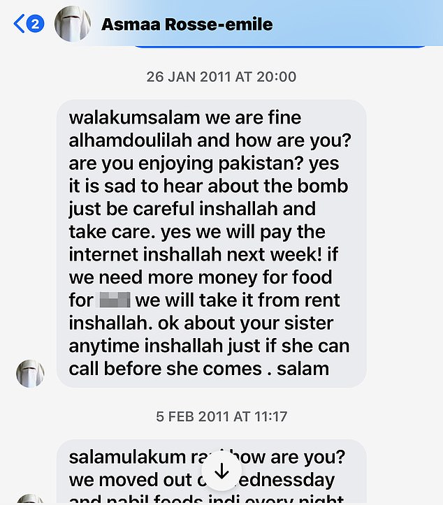 Pictured: A screenshot of a conversation between Kirsty Rosse-Emile and her former housemate