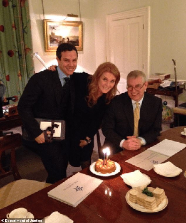 David Stern (left) with former prince Andrew Mountbatten-Windsor and his ex wife Sarah Ferguson in a picture released in January by the US Department of Justice