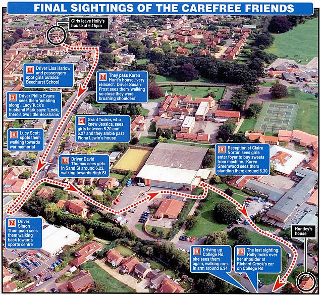 Holly and Jessica were spotted by more than a dozen witnesses as they wandered happily through the market town - with the last sightings close to Huntley's cottage