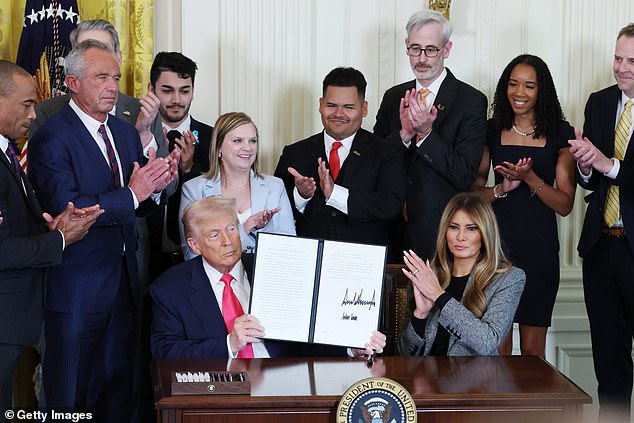 Melania Trump's (right) second guest is 24-year-old Sierra Burns, who has benefited from the First Lady's Fostering the Future initiative. In November, President Donald Trump (left) signed a Fostering the Future executive order to assist foster children and young adults