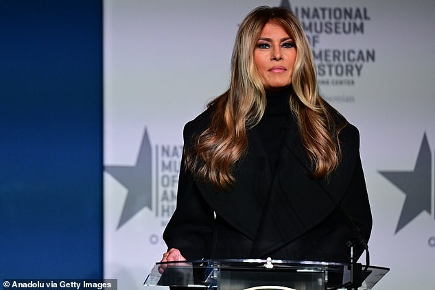 Melania Trump spoke as her 2025 inaugural ball gown was shown on display on stage at the Smithsonian National Museum of American History last week