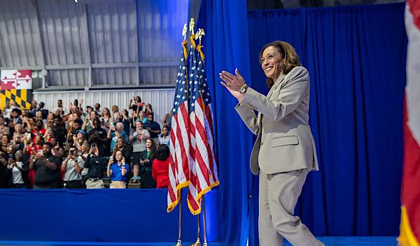 Kamala Harris walks onstage to deliver remarks with Joe Biden on the administration's efforts to lower prescription drug costs for Americans, Thursday, Aug. 15, 2024, in Largo, Maryland. (Official White House photo by Lawrence Jackson)