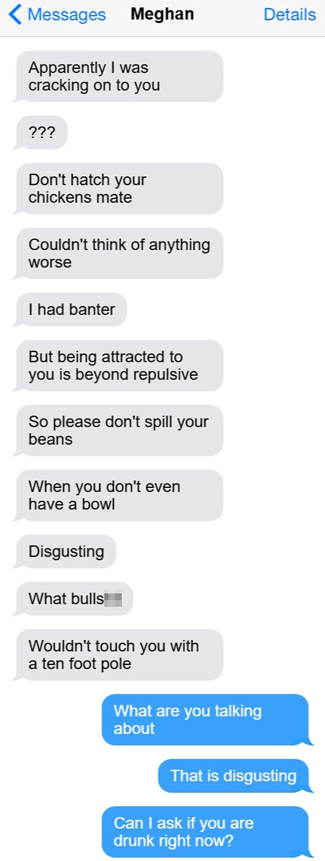 Ms Byrne denied ever 'cracking on' to Mr Levitt. The company CEO seemed baffled by the suggestion he had ever claimed such a thing and, in turn, accused Ms Byrne of being drunk. (Above and below: a mock-up of the messages that were exchanged on February 8)