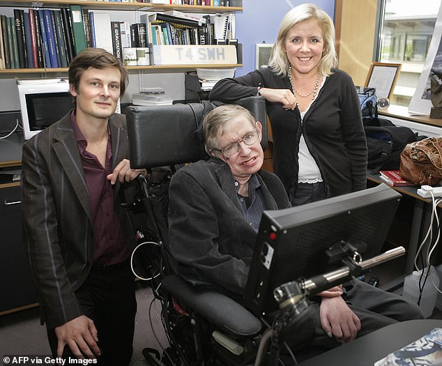 Professor Stephen Hawking with his daughter Lucy and French physicist Christophe Galfard in September 2007 at the Centre for Mathematical Sciences in Cambridge, England