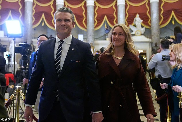egseth and his wife Jennifer Rauchet arrive before President Donald Trump delivers the State of the Union address to a joint session of Congress in the House