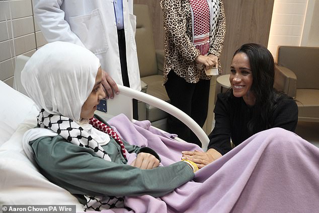 The Duchess of Sussex meets Maria, a 14-year-old burns victim from Gaza, in Amman today