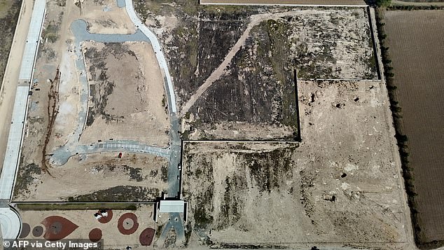 Aerial view of the site where the clandestine grave known as "Las Agujas" was located, containing 227 bags with human remains, the largest such discovery of 2025 by the Guerreros Buscadores collective, in the municipality of Zapopan, Jalisco, Mexico, host of the 2026 FIFA World Cup, on February 18, 2026