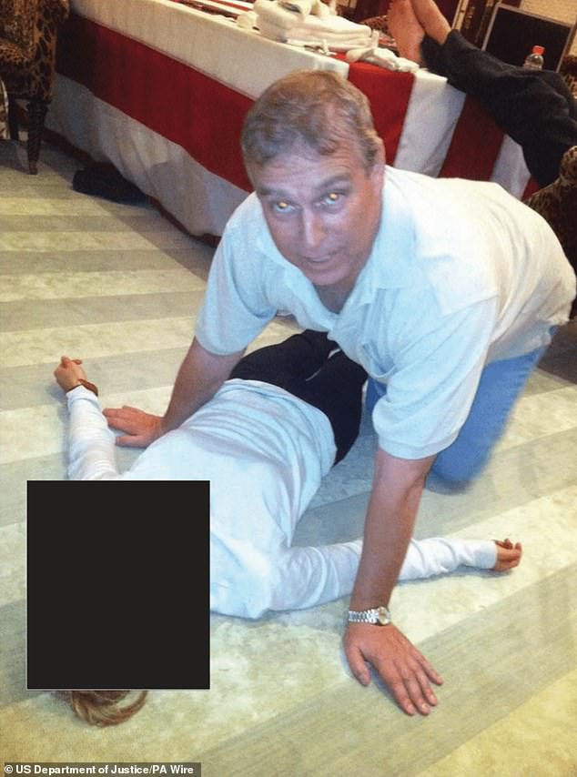 One image in particular in the Epstein Files shows Andrew Mountbatten-Windsor looming over a young woman sprawled on the floor
