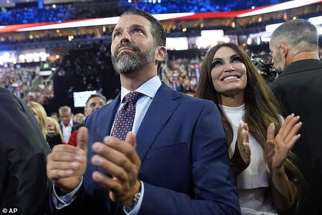 Kimberly Guilfoyle (right) went on to become the fiancee of Donald Trump Jr (left) before their break-up in 2024. She's photographed at the younger Trump's side during the 2024 Republican National Convention in Milwaukee, Winsconsin in July 2024