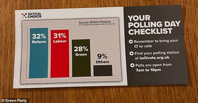 The leaflet (pictured) purports to be from a firm called 'Tactical Choice', encouraging tactical voting. Text on the flyer says this strategic choice would be Labour candidate Angeliki Stogia