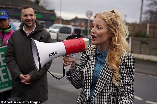 The most recent polling, published on Wednesday, has suggested the Greens could pull off a shock win. Pictured: Green candidate Hannah Spencer, with party leader Zack Polanski, at a campaign event in Manchester last week