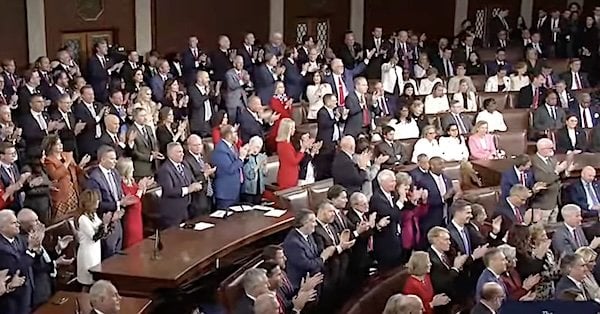 Republicans stand and applaud while Democrats remain seated during numerous moments in President Donald Trump's State of the Union address on Tuesday, Feb. 24, 2026 (Video screenshot)