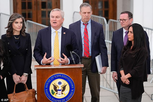 Rep. James Comer, R-KY, speaks outside the Chappaqua Performing Arts Center after a deposition by former Secretary of State Hillary Clinton who was testifying before U.S. House lawmakers as part of a congressional investigation into convicted sex offender Jeffrey Epstein, Thursday