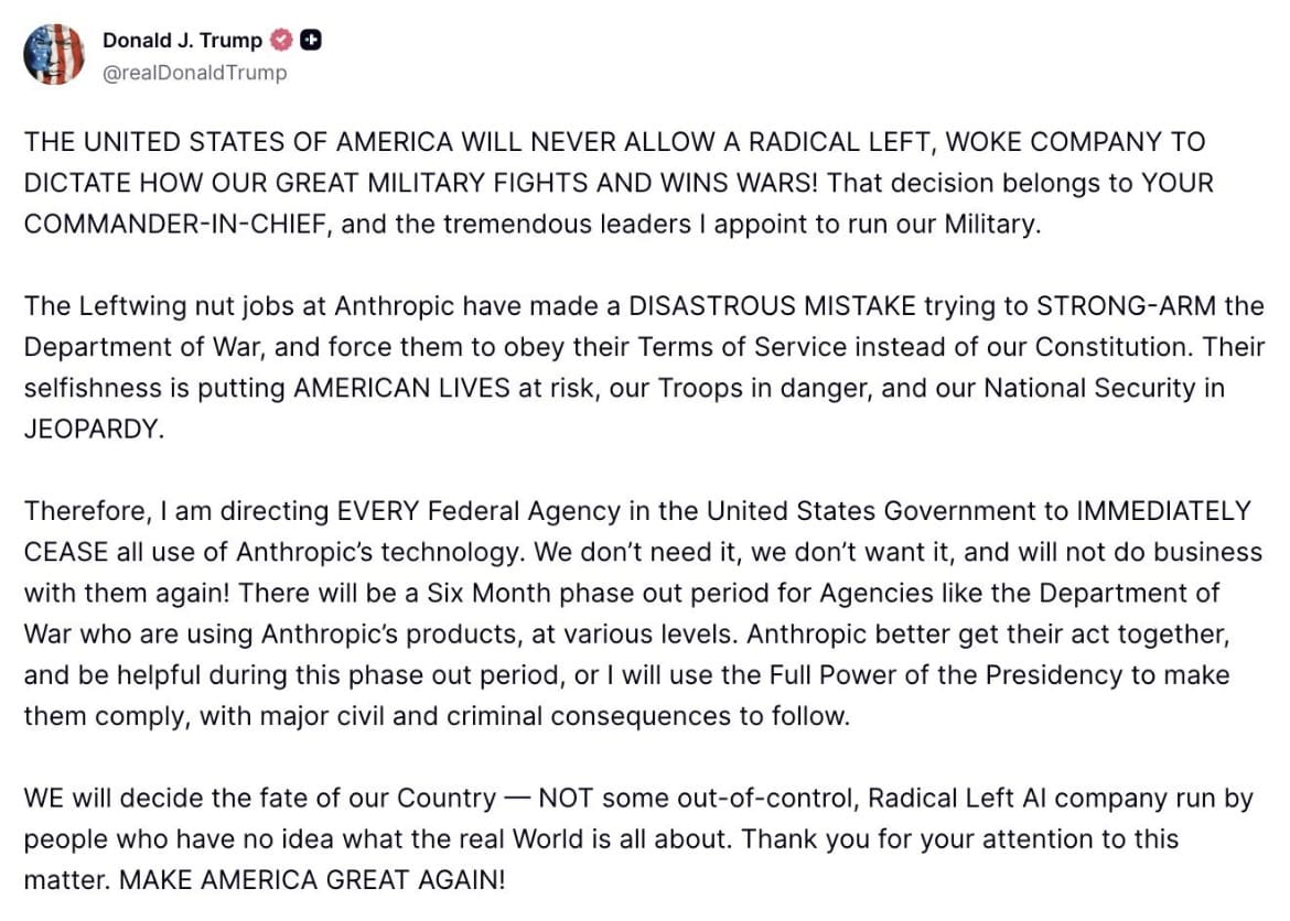 President Trump Directs Federal Agencies To “IMMEDIATELY CEASE” Use Of “Radical Left AI Company” – CEO Refuses To Drop Two Demands On Use Of Technology