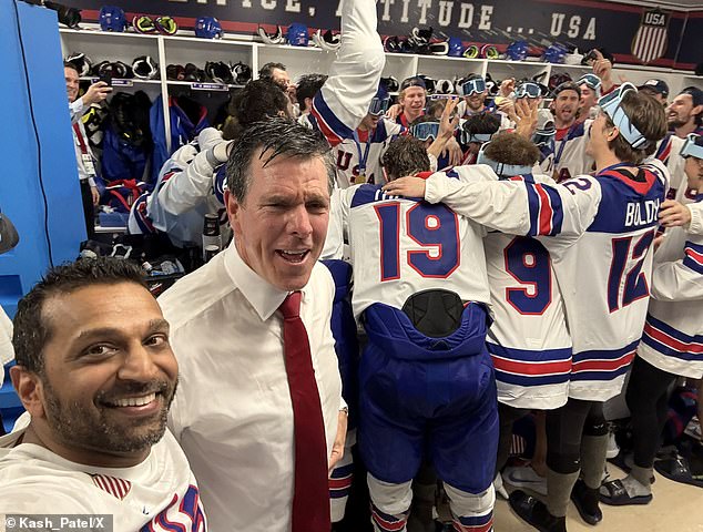 Patel is pictured inside the locker room alongside Team USA hockey stars