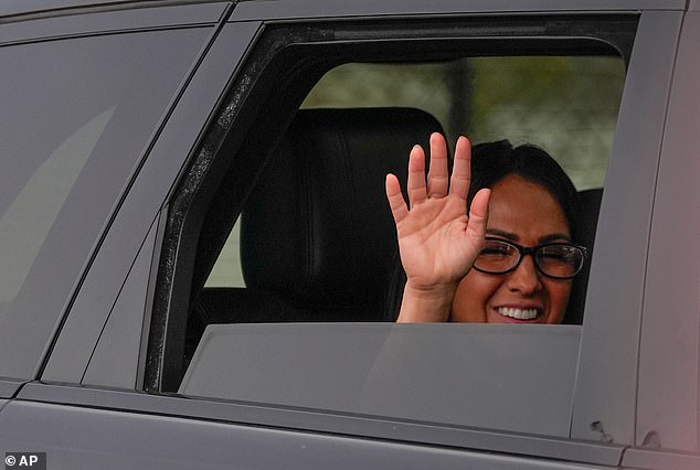 Rep. Lauren Boebert, R-Colo. waves as she departs the Chappaqua Performing Arts Center during a deposition by Secretary of State Hillary Clinton