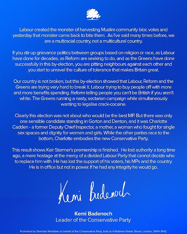 Addressing Sir Keir Starmer's beleaguered party she said: 'Labour created the monster of harvesting Muslim community bloc votes and yesterday that monster came back to bite them'
