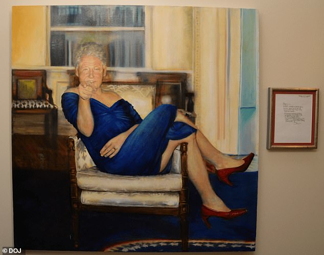 An oil painting of Clinton dressed as a woman that Epstein kept at his home