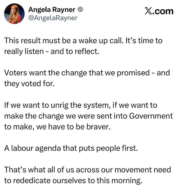 Angela Rayner branded the result a 'wake up call' as she demanded a new 'Labour agenda'