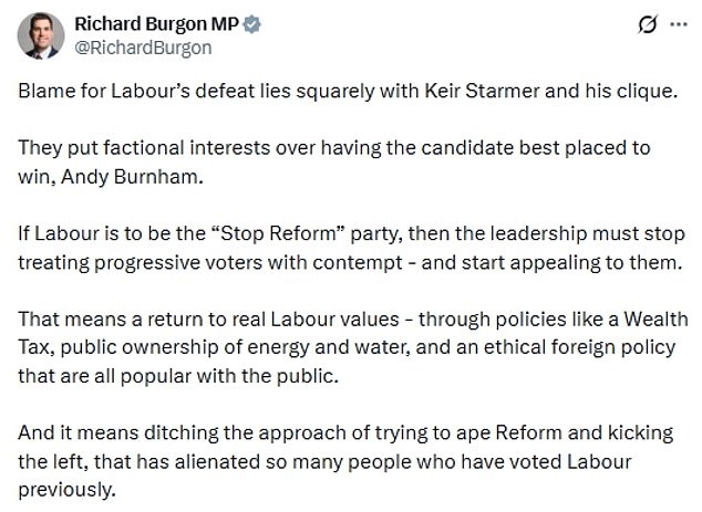 Backbencher Richard Burgon said the 'blame for defeat lies squarely with Keir Starmer and his clique'