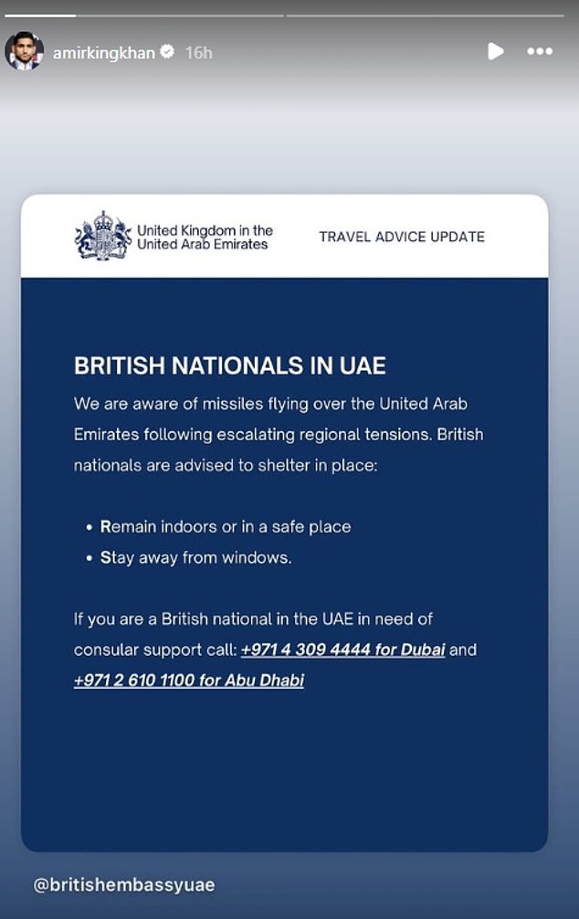 Boxer Amir Khan hasn't spoken out publicly yet but has posted on his story the guidance for British nationals in the UAE