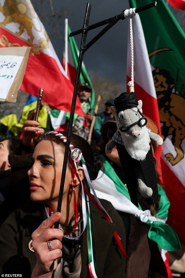 One pro-democracy protester against the hardline Iranian government carried a puppet of the Ayatollah hanging from a noose (pictured)
