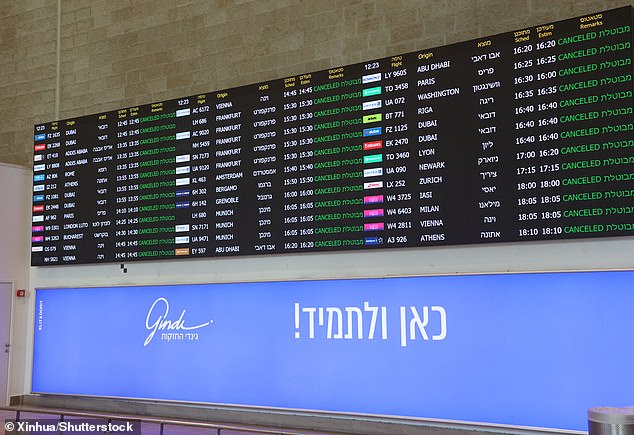 Other countries in the Middle East have also closed their airspace, including Iraq, Qatar and Jordan, leaving thousands of tourists stranded at airports. Pictured: A display board showing the cancellation of all flights at Ben Gurion International Airport near Tel Aviv, Israel, on Saturday