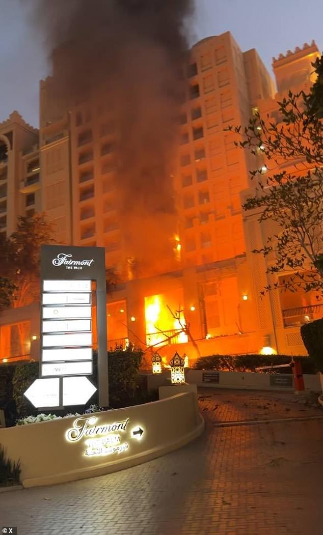 Footage captured the moment the five-star Palm Jumeirah Fairmont Hotel was hit and set ablaze by an Iranian missile