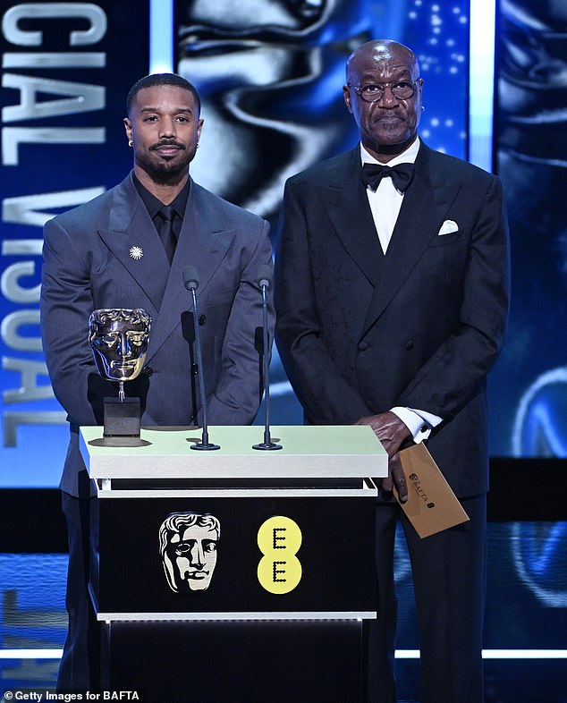 Pictured: Michael B Jordan and Delroy Lindo present the Special Visual Effects Award on stage during the Bafta Awards on February 22