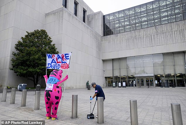 Nadine Seiler arrives in an inflatable frog costume, to support former Olympic canoeist David Hearn, who was indicted by a grand jury for allegedly damaging the Lincoln Memorial Reflecting Pool