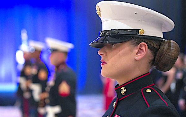 A Marine stands at attention during the Marine Corps Birthday Ball celebration at the MGM National Harbor Hotel & Casino in Oxon Hill, Maryland, Friday, Nov. 1, 2024. (U.S. Marine Corps photo by Cpl. Keahi J. Soomanstanton)
