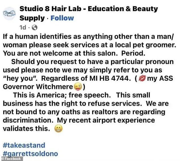 Geiger told transgender and nonbinary people to seek services from a pet groomer and warned that staff might call them ¿hey you¿ rather than use their preferred pronouns