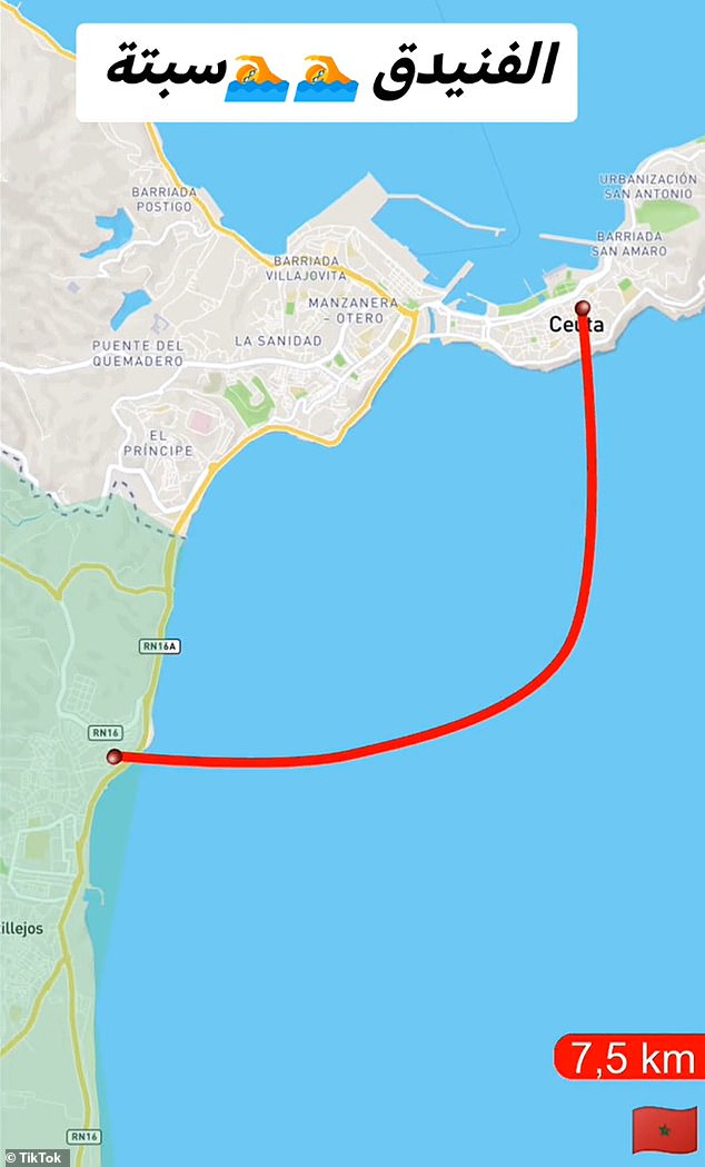 The journey between Fnideq and Ceuta (translated from the Arabic) has been well-documented on social media, with animations showing the route people should take and the distance of the swim