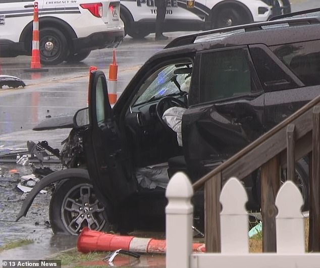 The Bronco was left with its airbags deployed and a flat tire