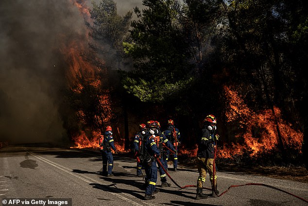 Hundreds of firefighters battled wind-fuelled fires near a tourist hotspot in Greece