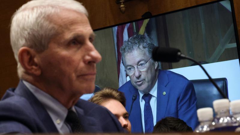 Sen. Rand Paul is shown on a monitor as former NIH Director Anthony Fauci testifies before the Senate Homeland Security and Governmental Affairs Committee hearing on July 29, 2026 in Washington, D.C.