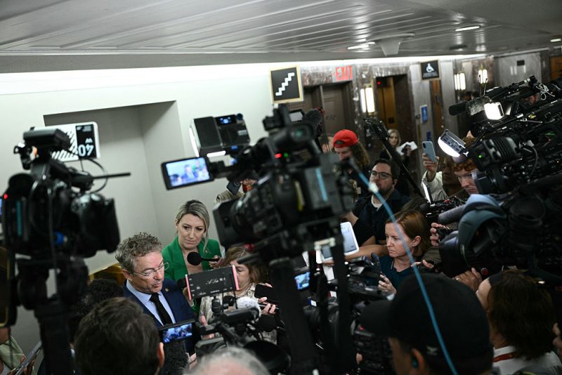 Chairman of the Senate Homeland Security and Governmental Affairs Senator Rand Paul speaks with members of the press after a business meeting to consider pending calendar business on Capitol Hill in Washington, DC, on August 6, 2026. (Photo by Brendan SMIALOWSKI / AFP via Getty Images)