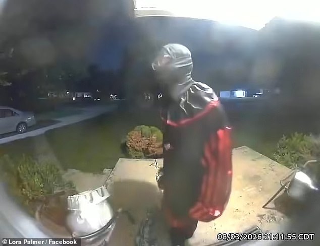 The footage was captured on Lora Palmer's Ring camera. Her son, Lee, said Lora was home alone when the masked teenager appeared