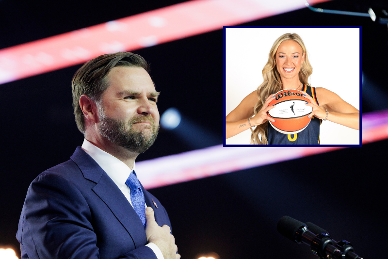 Vice President JD Vance at the Phoenix Convention Center on December 21, 2025 in Phoenix, Arizona. (Photo by Caylo Seals/Getty Images) / Sophie Cunningham #8 of the Indiana Fever pose for a photo during the 2026 Indiana Fever Media Day at Gainbridge Fieldhouse on April 22, 2026 in Indianapolis, Indiana. (Photo by Justin Casterline/Getty Images)