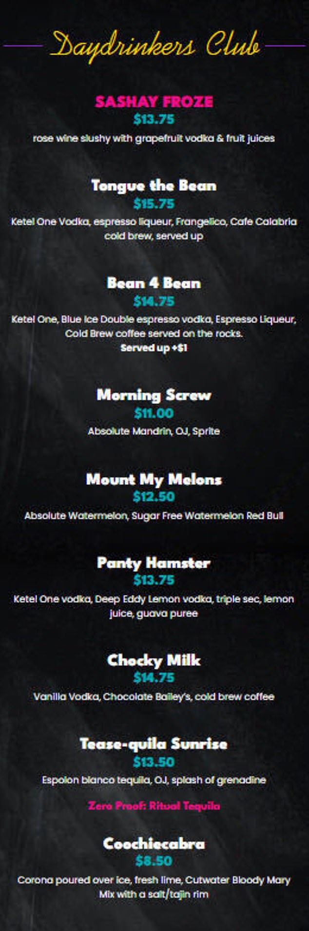 The cocktail menu at the Gossip Grill boasts a slew of sexually themed drinks