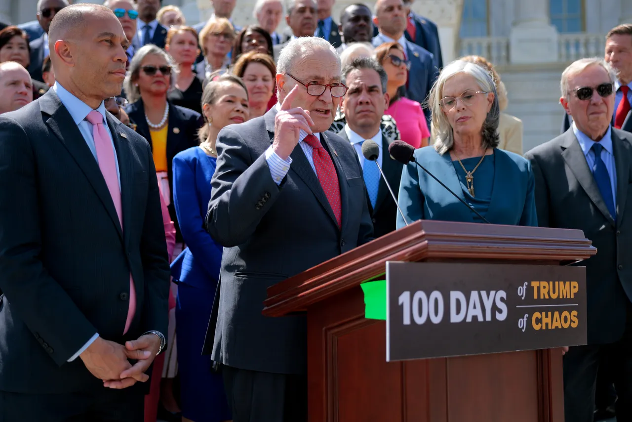 WASHINGTON, DC - APRIL 30: Senate Minority Leader Charles Schumer (D-NY) (C), House Minority Leader Hakeem Jeffries (D-NY) (L) and fellow Democratic lawmakers mark the first 100 days of President Donald Trump's second term in the White House outside the U.S. Capitol on April 30, 2025 in Washington, DC. Democrats have been highly critical of the scope and methods of Trump's work to transform the federal government, including sweeping tariffs, clashing with colleges and universities, shrinking of the federal workforce, and attacking the judiciary and journalists. (Photo by Chip Somodevilla/Getty Images)